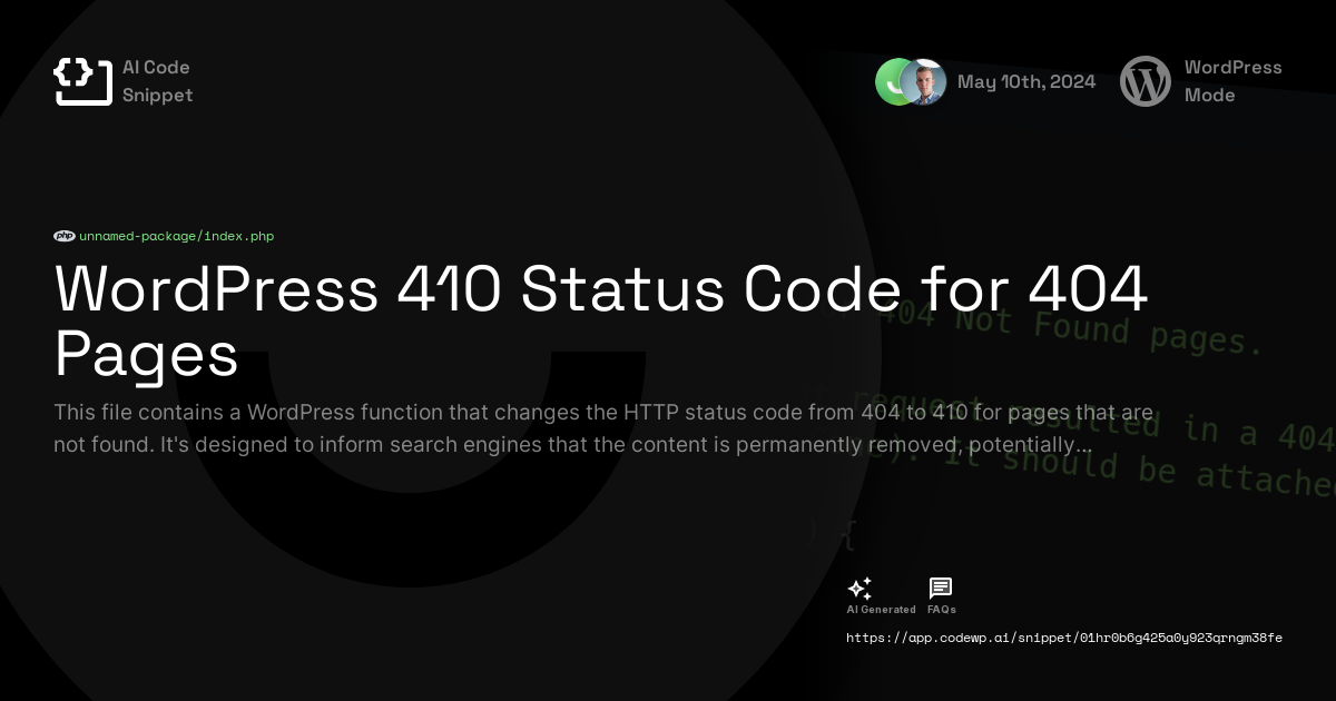 WordPress 410 Status Code for 404 Pages