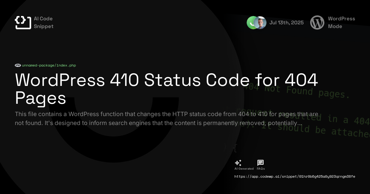 WordPress 410 Status Code for 404 Pages