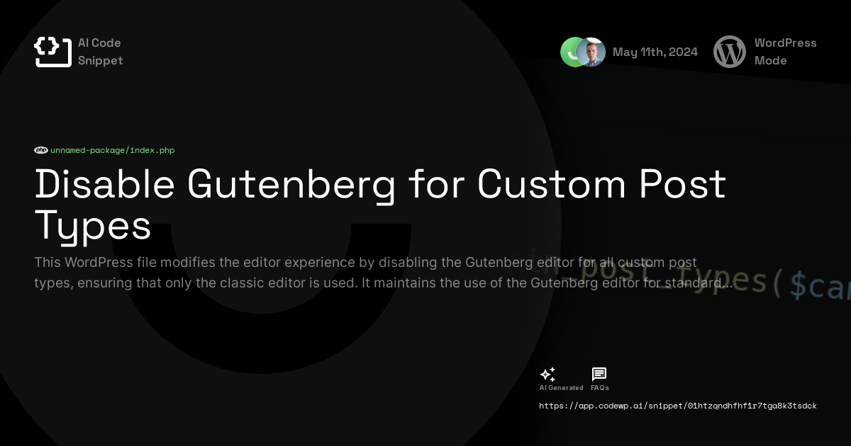 Disable Gutenberg for Custom Post Types