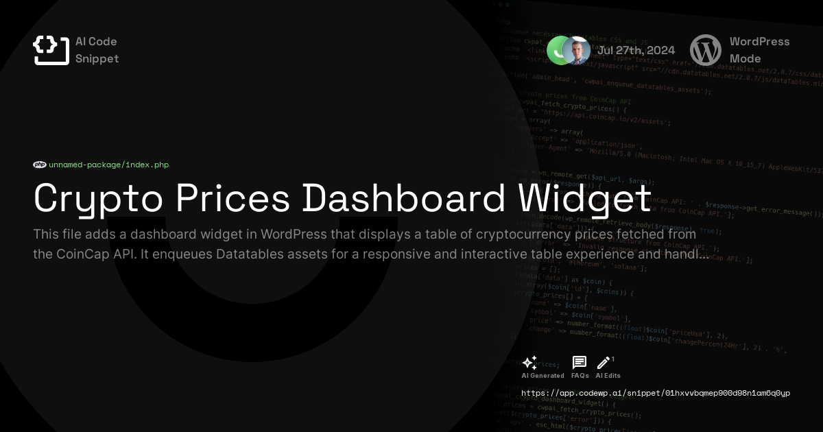Crypto Prices Dashboard Widget