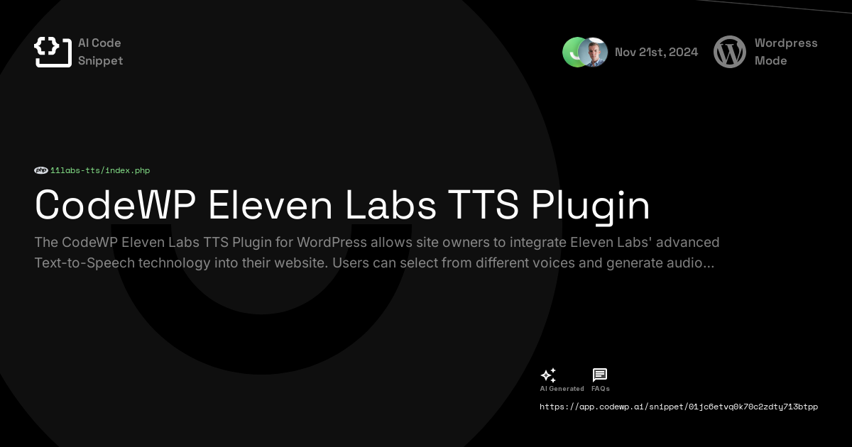 CodeWP Eleven Labs TTS Plugin